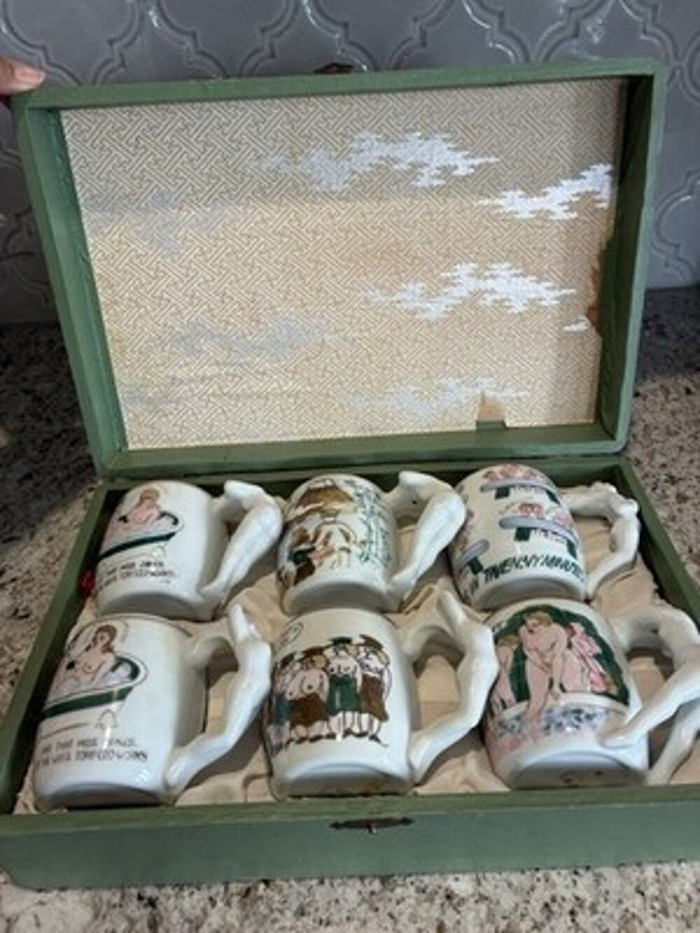 Vintage Arita Porcelain Risque Novelty Mug Set 6 Box Japan Figural Handles Box